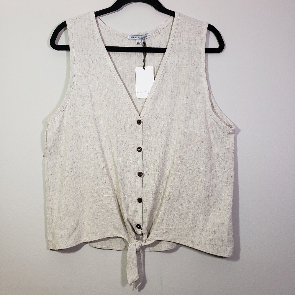 Green Envelope Sleeveless Linen Blend Tie Shirt